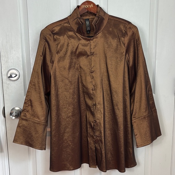 MarlaWynne Asian style bronze monk collar button down blouse size XL knot button - Picture 1 of 15